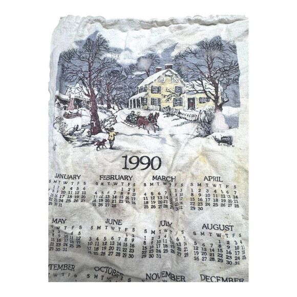 Vintage 1990 Linen Calendar Tea Towel Winter Scene Landscape Cottagecore READ - Picture 1 of 6